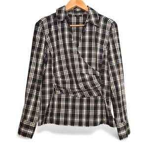 Talbots Holiday Black and White Plaid Faux Wrap Stretch Blouse Top – Size 12